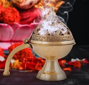 Brass Incense <b>Burner</b> With Handle Hollow Lid Traditional Incense Holder for Pooja Room Home Temple - Product Image 6