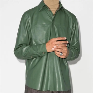 Custom Men <b>Long</b> Sleeve <b>Leather</b> Shirt with Two Front Patch Pockets Finished Breathable Windproof Casual - Product Image 5