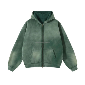 Sudadera con capucha de doble capa desgastada con lavado ácido Vintage con cremallera personalizada para hombres 100% algodón orgánico frente desgastado por el sol desgastado - Product Image 5