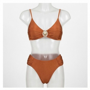Women's Rust Color Bikini Set With Shell Buckle Plunge Neck High Waist Bottoms Spandex Polyester Swimwear - Product Image 1