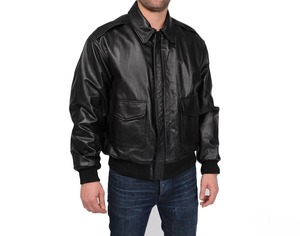 Blouson aviateur en cuir véritable noir pour homme, col rabattu, fermeture éclair, coupe classique, style moto, vêtement d'automne - Product Image 3