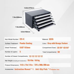 Armadietto Dispenser in Acciaio a Cinque Cassetti per Punte da Trapano da 33/64'' e 63/64'' - Organizzatore per Utensili e Punte - Product Image 5