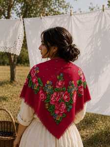 Handmade Silk Embroidered <b>Purple</b> Floral Fringe Triangular <b>Scarf</b> Shawl - Product Image 5