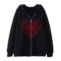 Sudadera con Capucha Oversize de Algodón 100% para Mujer Tallas Grandes, con Estampado de Telaraña Bordado, Cremallera, Estilo Casual Urbano para Otoño