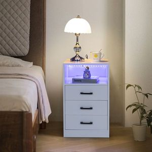 FCH 40*35*65cm White Particleboard Pasted Triamine Three Drawers Bedside Table with LED Light and Socket Nightstands - Product Image 3