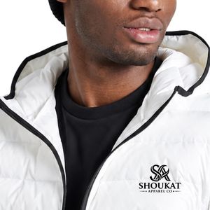 Blouson matelassé blanc pour homme avec capuche, veste d'hiver chaude décontractée à fermeture éclair sur le devant - Product Image 5