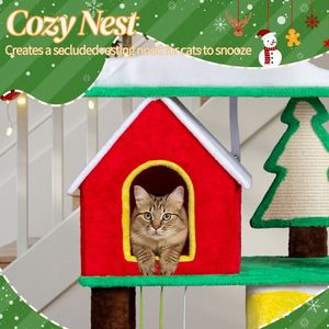 56in Christmas Themed Plush <b>Cat</b> <b>Tree</b> Multi-Level <b>Cat</b> Tower with Top Crown Perch & Sisal Ramp <b>Scratching</b> Posts Large <b>Cat</b> Condos - Product Image 3