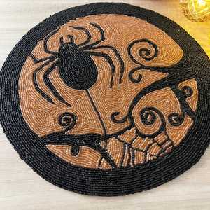 Handmade Customized Fabric Table <b>Placemat</b> Spider Skull Design <b>Black</b> Orange Halloween Decor Luxury Style Non-Slip MS Handicraft - Product Image 3