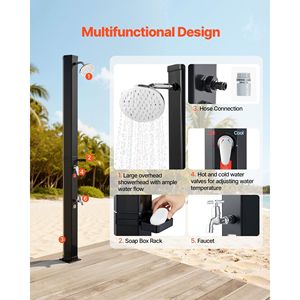 Ducha Exterior Solar de 9.2 Galones con Calentamiento Solar, 6.4 pies de Altura, con Grifo de Pie y Soporte para Jabonera, Agua Fría y Caliente Ajustable - Product Image 3