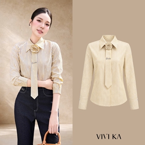 Blusa Elegante para Mujer, a Rayas Amarillas, con Lazo Desmontable, Broche de Flor, Manga Larga, Corte Entallado, Mezcla de Algodón, VIOLETA - Product Image 1