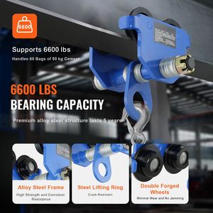 6600 Lbs/3 Ton Load Capacity Manual Trolley with Dual Wheels Push Beam I Beam Flange Width 2.5\" 7\" Adjustable Electric <b>Hoists</b> - Product Image 3