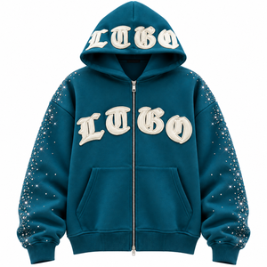 Nueva Sudadera con Capucha Unisex Extra Grande Color Verde Azulado con Cierre y Mangas con Pedrería, Estampado de Letras Góticas, 100% Algodón Ecológico, Estilo Hip Hop Urbano - Product Image 1