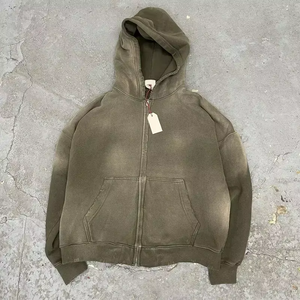 Sweat à capuche zippé streetwear de luxe personnalisé, brodé, en molleton uni, vintage, oversize, délavé à l'acide, effet soleil et usé - Product Image 4