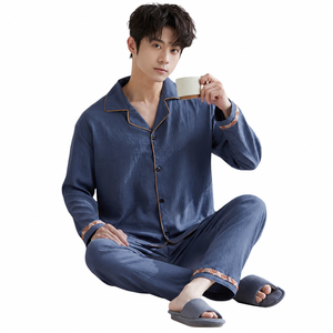 Men's Blue Long Sleeve Soft 100% Cotton <b>Pajama</b> Set Solid Color Button Front Casual Sleepwear Summer Season Wear Custom Logo High - Product Image 1