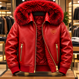 Chaqueta Bomber de Cuero Sintético Roja para Hombre, Gruesa, Cortavientos, con Cierre, Informal, Relleno 100% Fibra de Poliéster, Personalizable en la Parte Delantera - Product Image 1