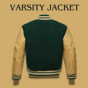 Men's Dark Green Varsity <b>Jacket</b> With Tan PU <b>Leather</b> Sleeves Regular Fit Button Closure Preppy Style Autumn Wear - Product Image 3
