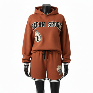 Women Hoodie Short Set 320 GSM Cotton Fleece <b>Rust</b> Brown Soft Heavyweight Chenille Applique Custom Logo Women's Sets - Product Image 1