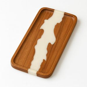 Plateau en bois de qualité supérieure avec résine blanche, grand plateau de service pour accessoires de table à manger, organisateur de cuisine, plateau de décoration pour la maison - Product Image 1