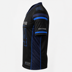 Maillot de football américain Oxytag Sports pour homme, noir et bleu, col en V, manches courtes, tissu respirant, taille L, prix de gros - Product Image 5