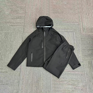 Custom Logo Heavyweight Acid Wash Winter Sporty Breathable Solid <b>Black</b> <b>Windbreaker</b> Hoodies Set Men Waterproof Jacket and Pants - Product Image 1