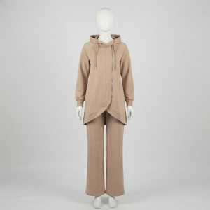 REDDITO Women Autumn Embroidery Hooded Long Sleeve Fleece Islamic Tracksuit Set Regular Fit Solid Color Casual Wear Knee Length - Product Image 1