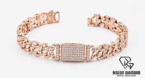 18K Rose Gold Luxury <b>Mens</b> Diamond Link Bracelet Pave Lab Grown Stones Fully Studded Rectangular Plate Clasp Designer Wristband - Product Image 3