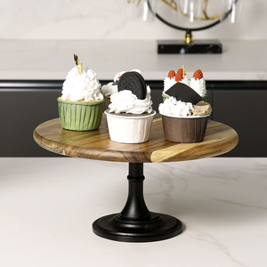 Support à gâteau en bois d'acacia avec base en métal noir rustique, présentoir à gâteau de mariage, plateau de service en bois pour desserts pour fête de mariage - Product Image 5