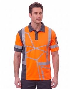 custom mens diagonal split safety polo shirts <b>neon</b> yellow charcoal grey reflective stripe hi vis workwear short sleeve work <b>top</b> - Product Image 2