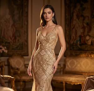 Vestido de Noche Dorado Estilo Art Deco con Lentejuelas, Corte Sirena, Cuello en V, Sin Mangas, Patrón Geométrico, Vestido de Gala de Lujo para Mujer - Product Image 1