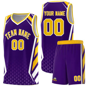 Ensemble d'uniformes de basket-ball personnalisés violet et jaune pour hommes et femmes, maillot sans manches en mesh et short, kit d'équipe avec nom et numéro personnalisés - Product Image 2