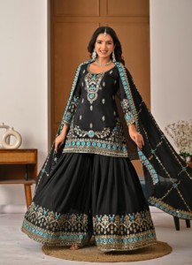 Ensemble Sharara Palazzo élégant en soie Vichitra avec broderies de sequins et dupatta assorti – un ensemble ethnique gracieux pour les occasions festives - Product Image 2