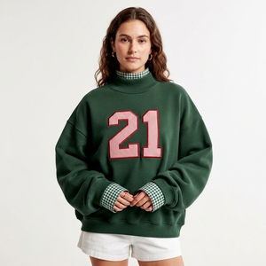 Sweat-shirt rose oversize à col roulé pour femme avec logo brodé numéro 27 sur le devant, épaules tombantes, manches longues, tenue décontractée d'automne - Product Image 5