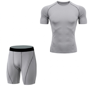 <b>Men's</b> Navy Blue <b>Compression</b> <b>Shirt</b> and Shorts Set Crew Neck Short Sleeve Moisture Wicking Fitted Polyester Athletic Wear - Product Image 3