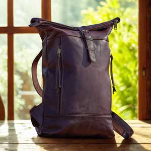 Sleek Genuine Leather Roll Top <b>Backpack</b> Slim Profile 14 Inch Laptop Rucksack For <b>Women</b> Men Fashion Travel LRTB-0114B - Product Image 4