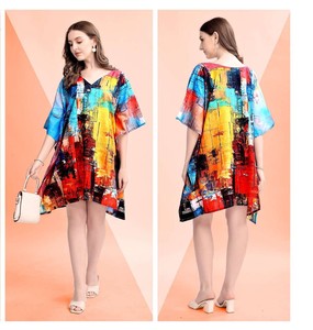 ANY Digital Printed Feather Polysilk Middle Eastern Loose Fit <b>Kaftan</b> <b>Summer</b> Casual Women's Maxi Short Sleeve - Product Image 5