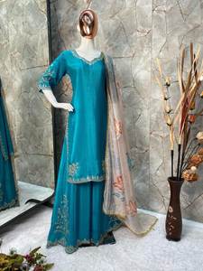 Conjunto de Salwar y Dupatta de Tela de Piel Sintética para Mujer, Color Intenso y Hermoso Bordado, Estilo Sencillo y Elegante, Especial para Fiestas Nocturnas - Product Image 2