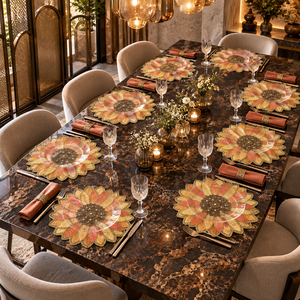 Set de table tournesol en verre bronze perlé, motif corail, résistant à la chaleur, écologique, fait main, pétales superposés, bordure dorée métallique - Product Image 4