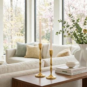 Antique Gold Taper Candle Holders, Heavy Duty <b>Cast</b> Iron Set of 2 Candlestick Holder Elegant Geometric Centerpiece - Product Image 3