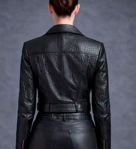 Blouson Bomber en Cuir Véritable pour Femme, Longueur Standard, Motif Croco, Manches Longues, Fermeture Éclair, Col Montant, Imperméable, Tissé - Product Image 3
