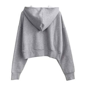 Sudadera con Capucha Corta Oversize Gris para Mujer, Manga Larga, Color Sólido, Hombros Caídos, Tejido de Punto, Spandex/Algodón, Sudadera de Invierno Transpirable - Product Image 3