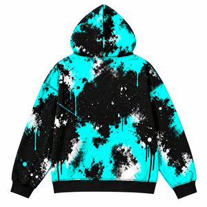 Sweat-shirt à capuche personnalisé unisexe, coupe oversize, hiver, 100% coton, style punk streetwear, motif gouttelettes, noir et turquoise, poche avant - Product Image 2