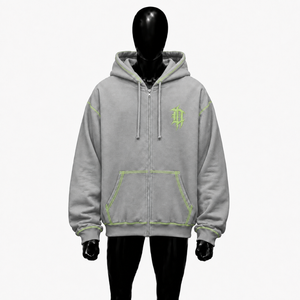 เสื้อฮู้ดซิปสีเทาสไตล์โกธิค แต่งตะเข็บสีเขียว ทรงโอเวอร์ไซส์ สตรีทแวร์ ปักโลโก้ ยูนิเซ็กส์ แฟชั่นพังก์แบบคัสตอม เหมาะสำหรับผู้ชาย - Product Image 1