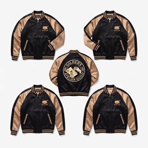 Wholesale B2B Supplier <b>Purple</b> Gold Satin <b>Varsity</b> <b>Jacket</b> Zip Up Custom Embroidered Trefoil Tracery Guild Baseball Coat - Product Image 2