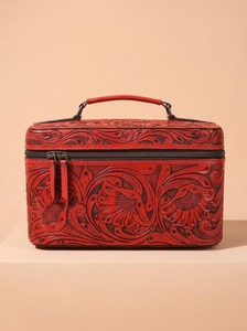 Vintage Lady Fashion Genuine Leather Embossed Jewelry Storage Makeup <b>Organizer</b> Travel <b>Cosmetic</b> Bag 7 Inch Polyester Lining - Product Image 3