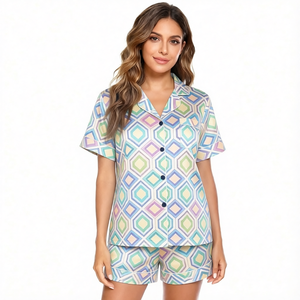 Conjunto de pijama de satén azul para mujer, ropa de dormir de verano con estampado de estrellas y luna, pantalones cortos con botones delanteros de estilo clásico - Product Image 4