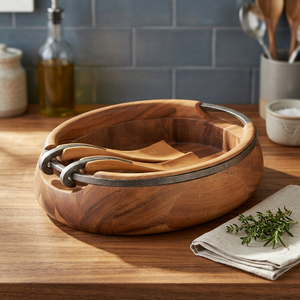 Wood <b>Serving</b> Bowl With <b>Serving</b> <b>Spoon</b> Salad Bowl with Metal Handle Handcrafted Dinnerware For Dining <b>Serving</b> Bowl For Snacks Dish - Product Image 2