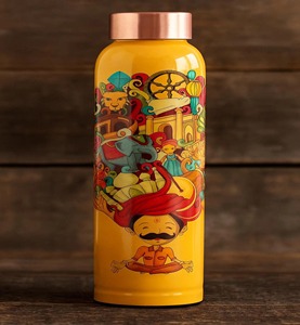 ขวดน้ำโลหะสีเหลืองลายการ์ตูน ขวดพกพาสำหรับเดินทางพร้อมฝาทองแดง - Product Image 1