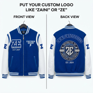 <b>Mens</b> Long Bomber <b>Jacket</b> 350 GSM Premium Wool Blend White <b>Faux</b> <b>Leather</b> Sleeves Blue White Rib Panels Custom Embroidered Logo - Product Image 1