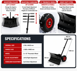Pousse-neige robuste réglable avec roues, lame de 30 pouces de large, pelle à neige en acier pour allée et trottoir |   Outils d'hiver ODGWTO023 - Product Image 5