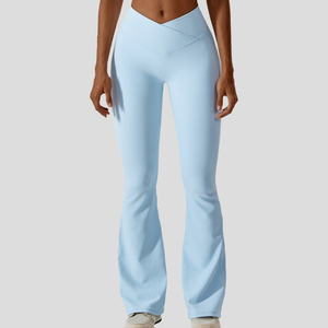 <b>High</b> <b>Waist</b> <b>Flared</b> Leg Yoga <b>Leggings</b> Full Length Solid Light Blue Spandex Nylon Seamless Four-Way Stretch Elastic <b>Waist</b> - Product Image 1